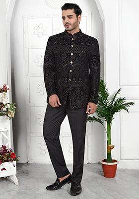 Black Embroidered Velvet Bandhgala For Men