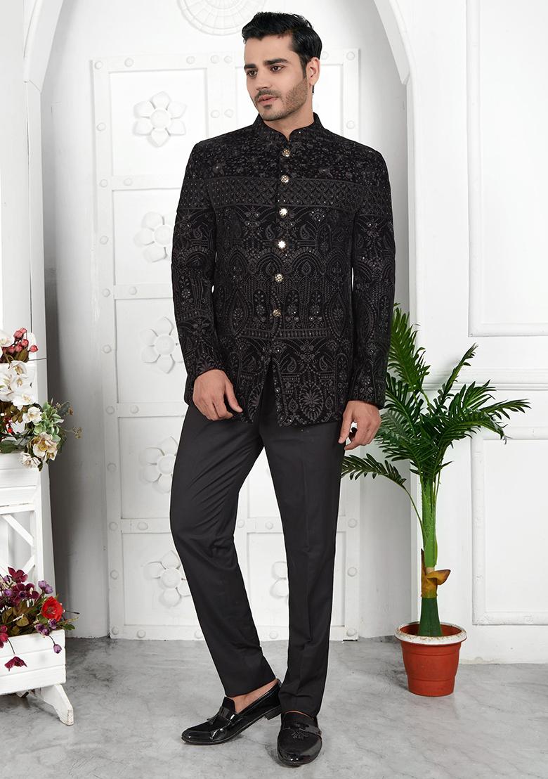 Black Embroidered Velvet Bandhgala For Men