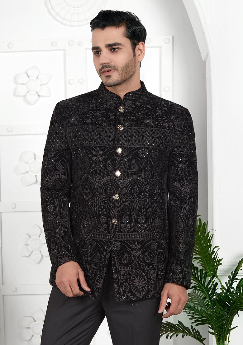 Black Embroidered Velvet Bandhgala For Men