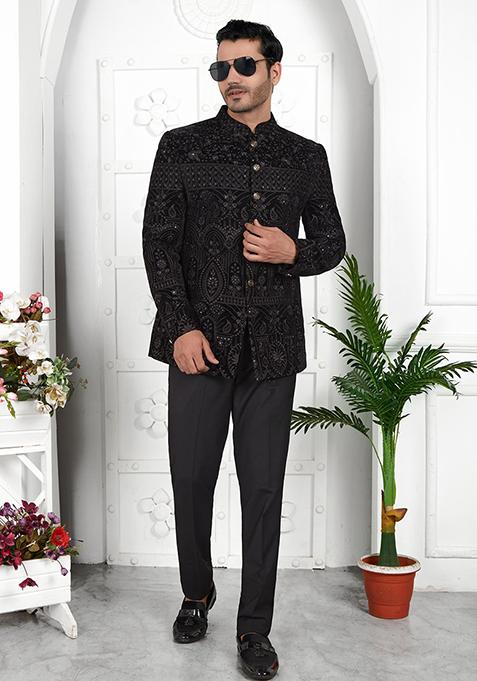 Black Embroidered Velvet Bandhgala For Men