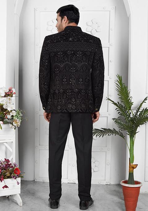 Black Embroidered Velvet Bandhgala For Men