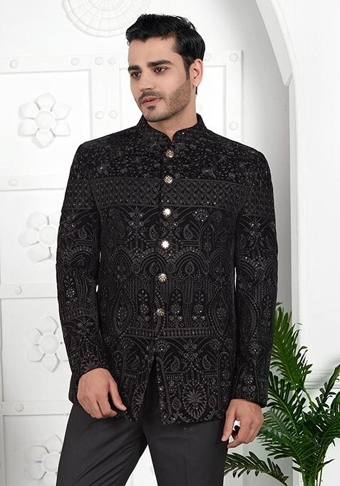 Black Embroidered Velvet Bandhgala For Men