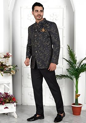 Dark Grey Embroidered Silk Bandhgala For Men
