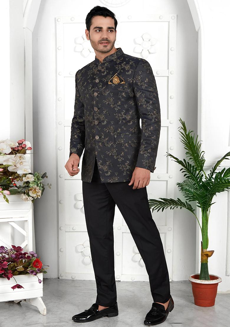 Dark Grey Embroidered Silk Bandhgala For Men