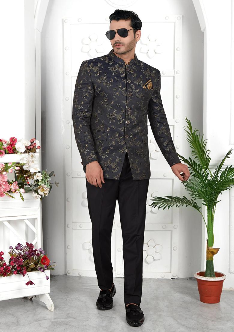 Dark Grey Embroidered Silk Bandhgala For Men
