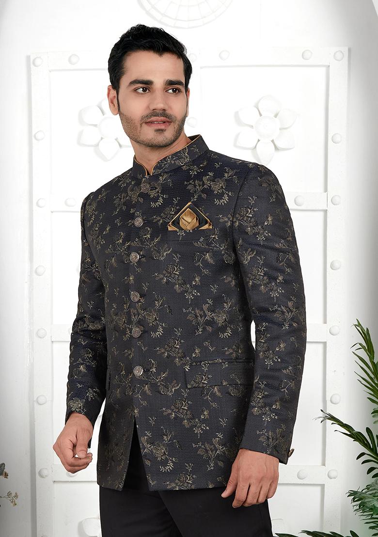 Dark Grey Embroidered Silk Bandhgala For Men
