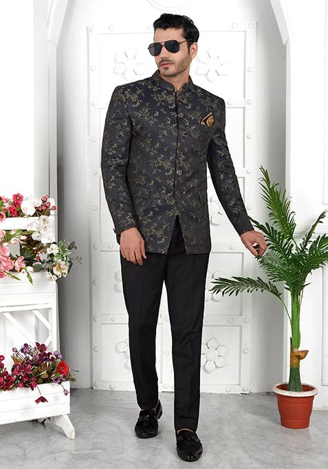 Dark Grey Embroidered Silk Bandhgala For Men