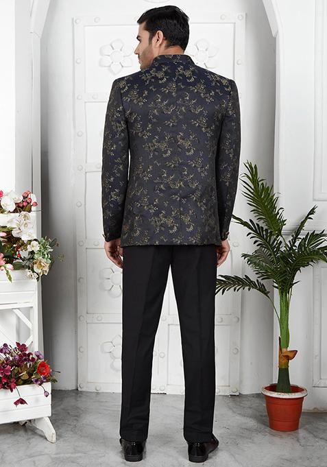 Dark Grey Embroidered Silk Bandhgala For Men