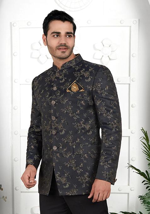 Dark Grey Embroidered Silk Bandhgala For Men