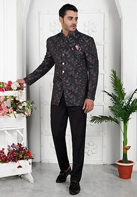 Dark Greyish Blue Embroidered Silk Bandhgala For Men