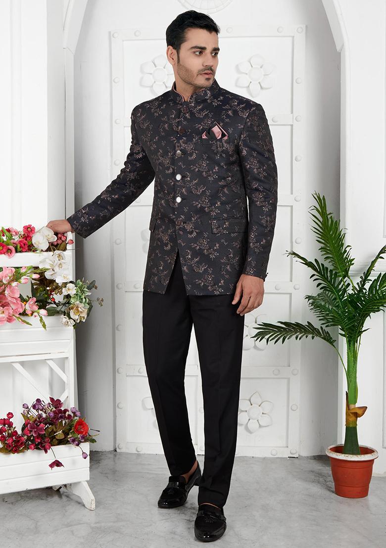 Dark Greyish Blue Embroidered Silk Bandhgala For Men