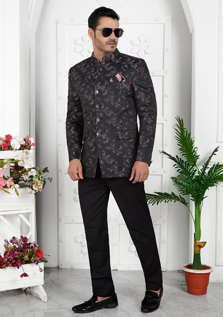 Dark Greyish Blue Embroidered Silk Bandhgala For Men