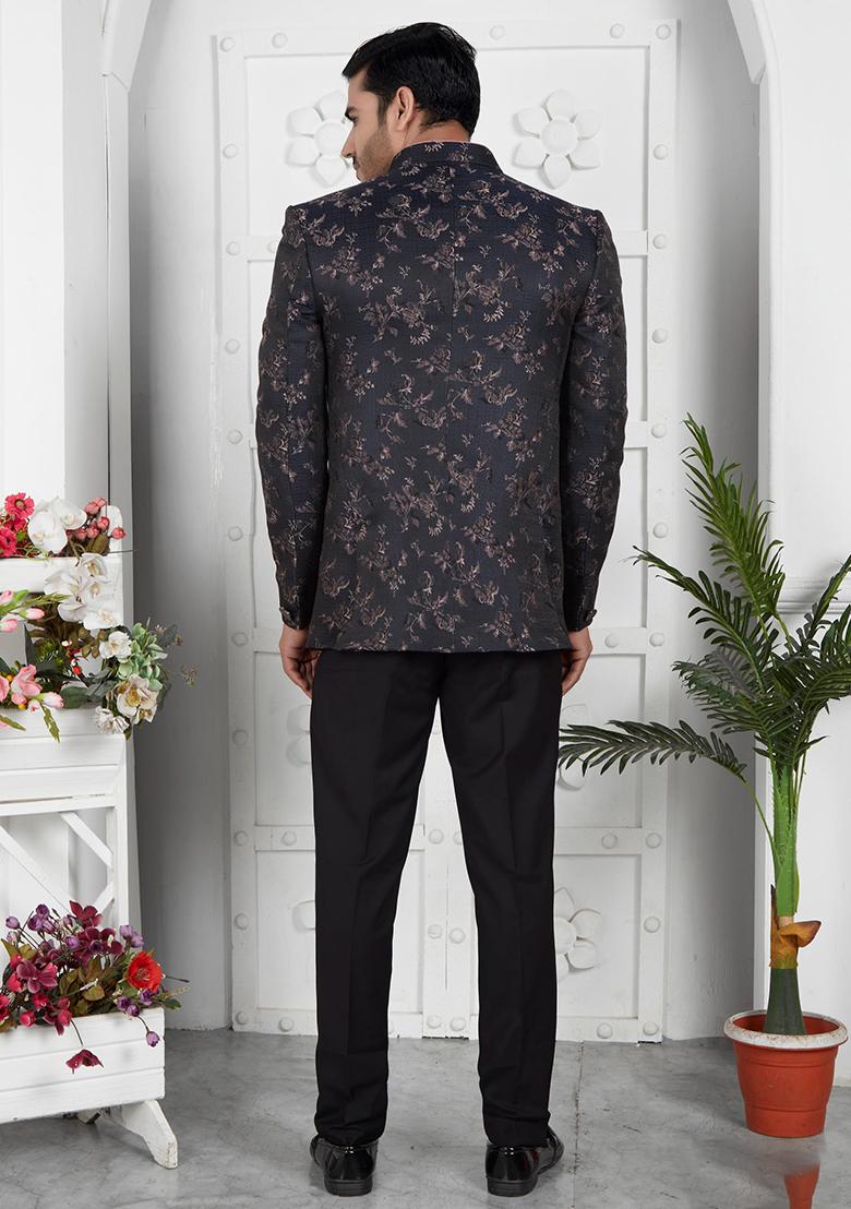 Dark Greyish Blue Embroidered Silk Bandhgala For Men