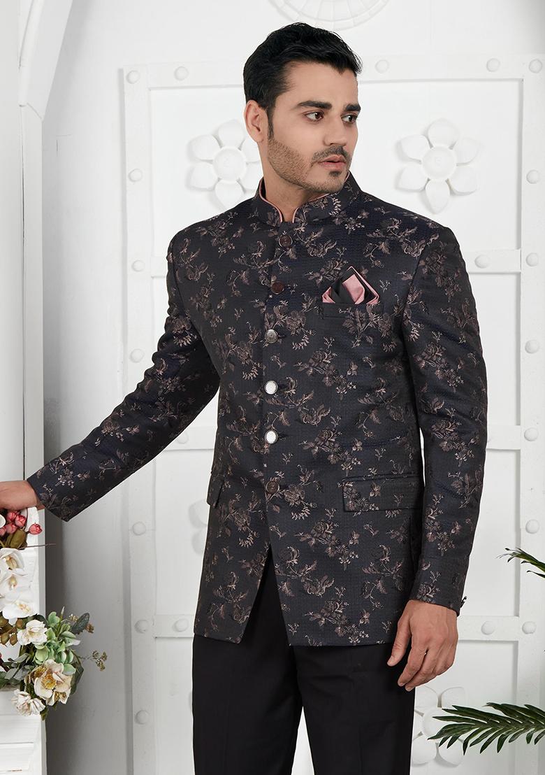 Dark Greyish Blue Embroidered Silk Bandhgala For Men