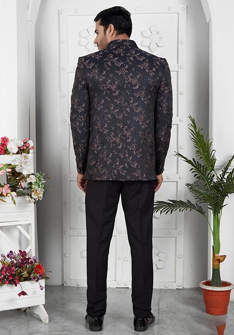 Dark Greyish Blue Embroidered Silk Bandhgala For Men