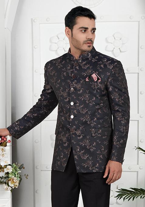 Dark Greyish Blue Embroidered Silk Bandhgala For Men
