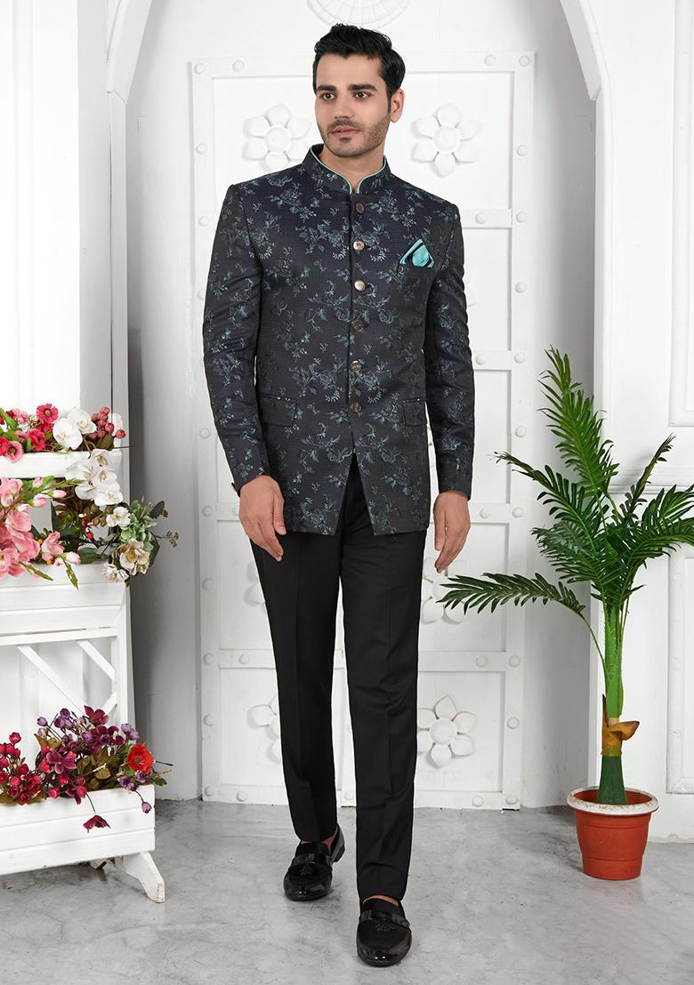 Dark Greyish Blue Embroidered Silk Bandhgala For Men