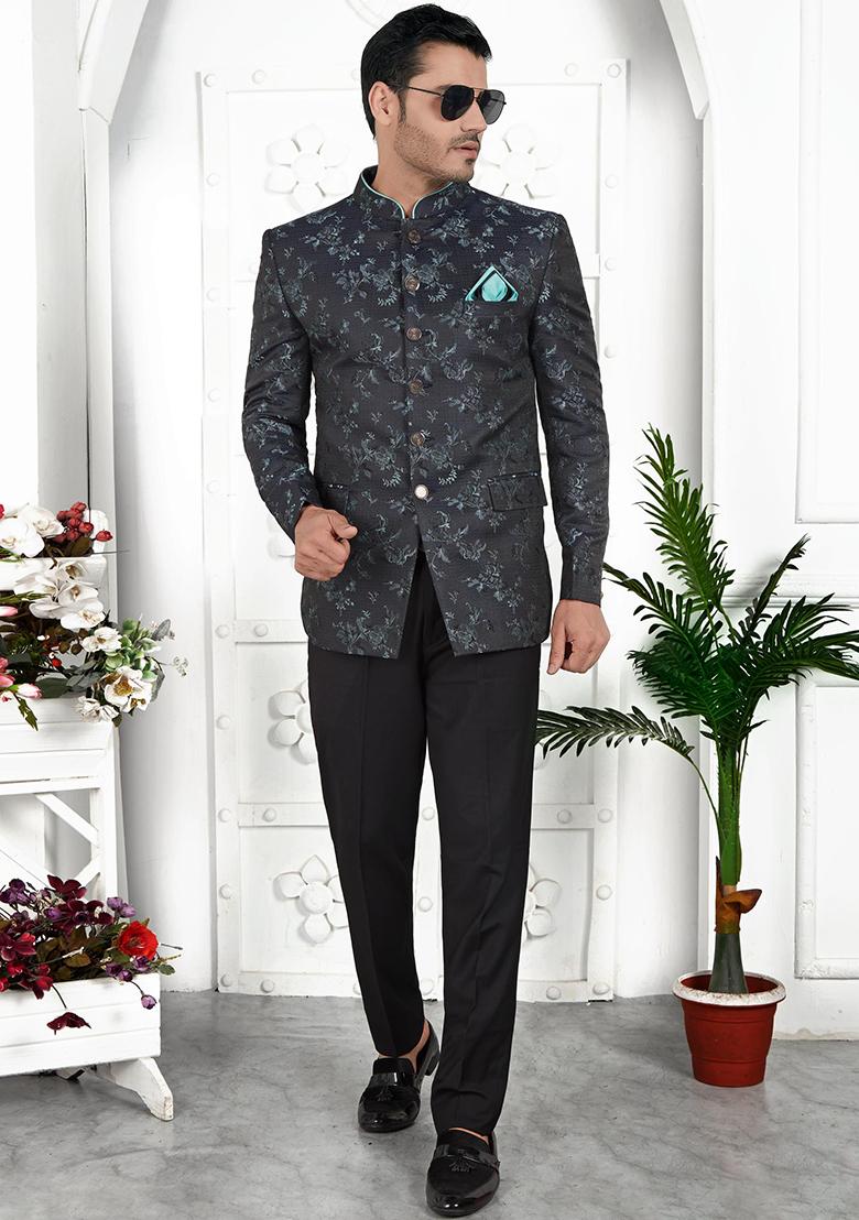 Dark Greyish Blue Embroidered Silk Bandhgala For Men