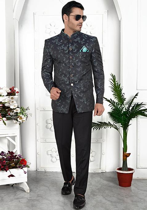 Dark Greyish Blue Embroidered Silk Bandhgala For Men