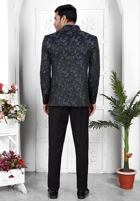 Dark Greyish Blue Embroidered Silk Bandhgala For Men