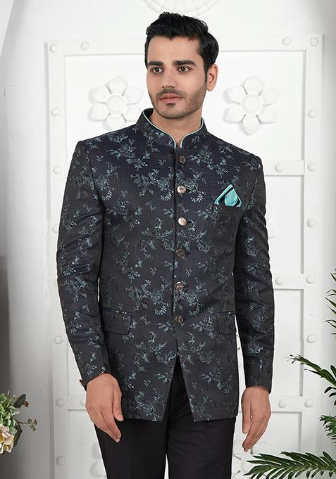 Dark Greyish Blue Embroidered Silk Bandhgala For Men