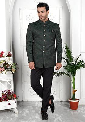 Dark Green Embroidered Silk Bandhgala For Men