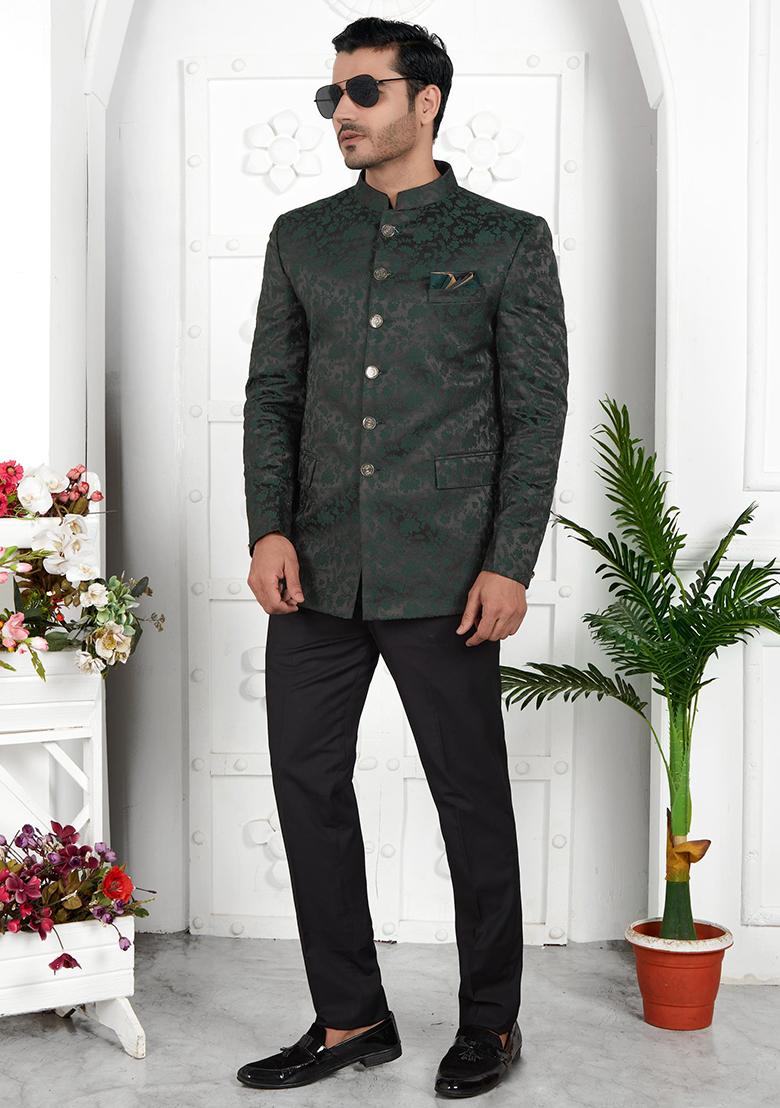 Dark Green Embroidered Silk Bandhgala For Men