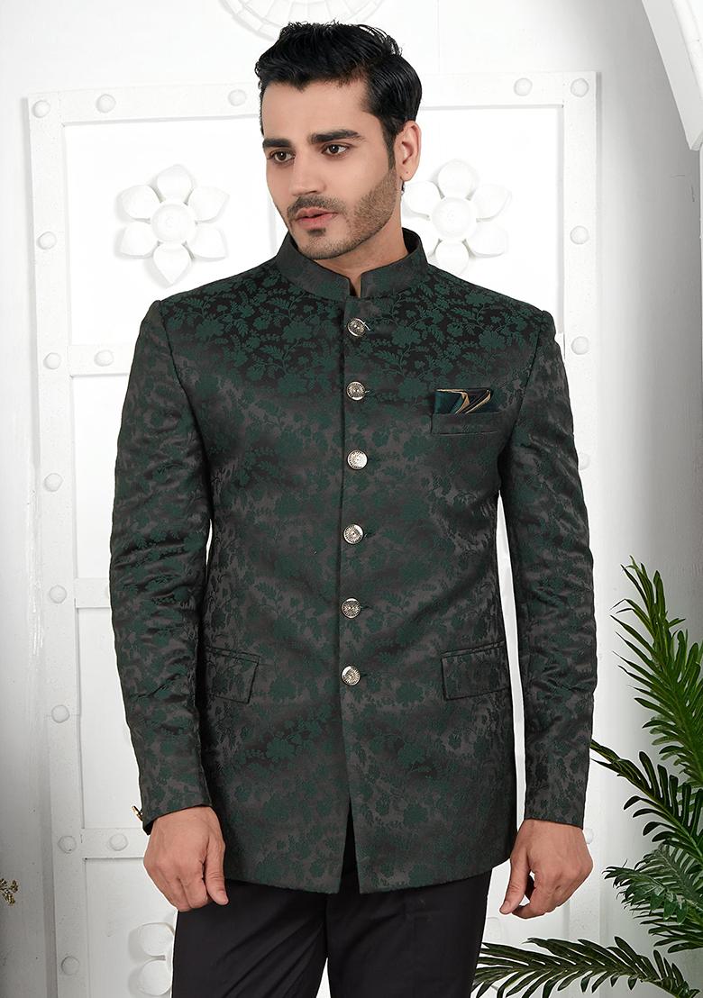 Dark Green Embroidered Silk Bandhgala For Men