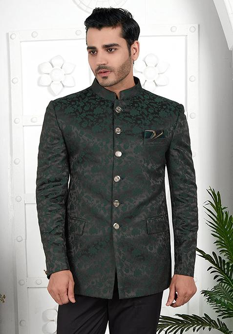 Dark Green Embroidered Silk Bandhgala For Men