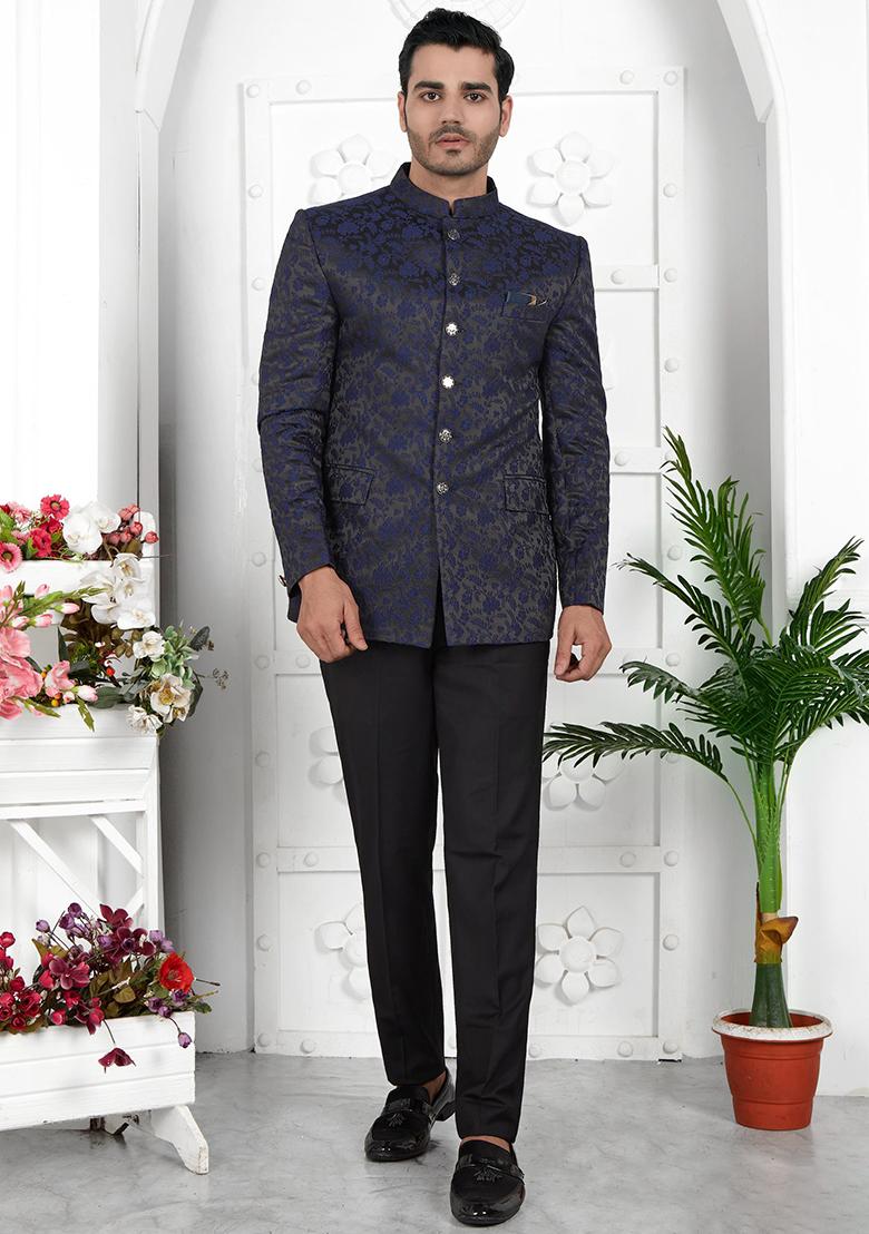Navy Blue Embroidered Silk Bandhgala For Men