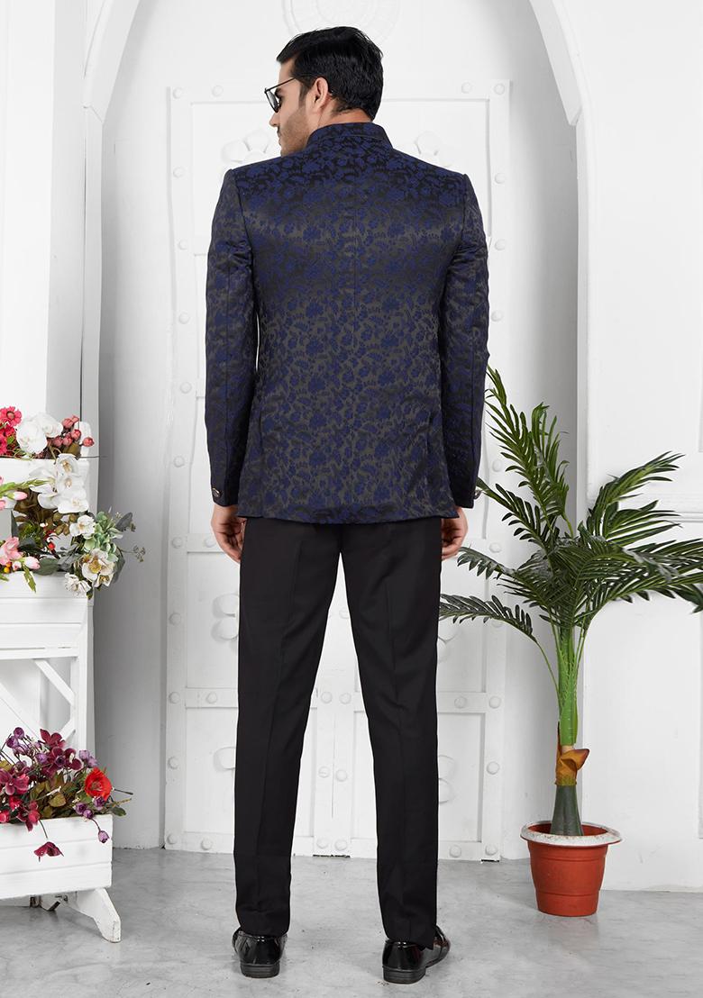 Navy Blue Embroidered Silk Bandhgala For Men