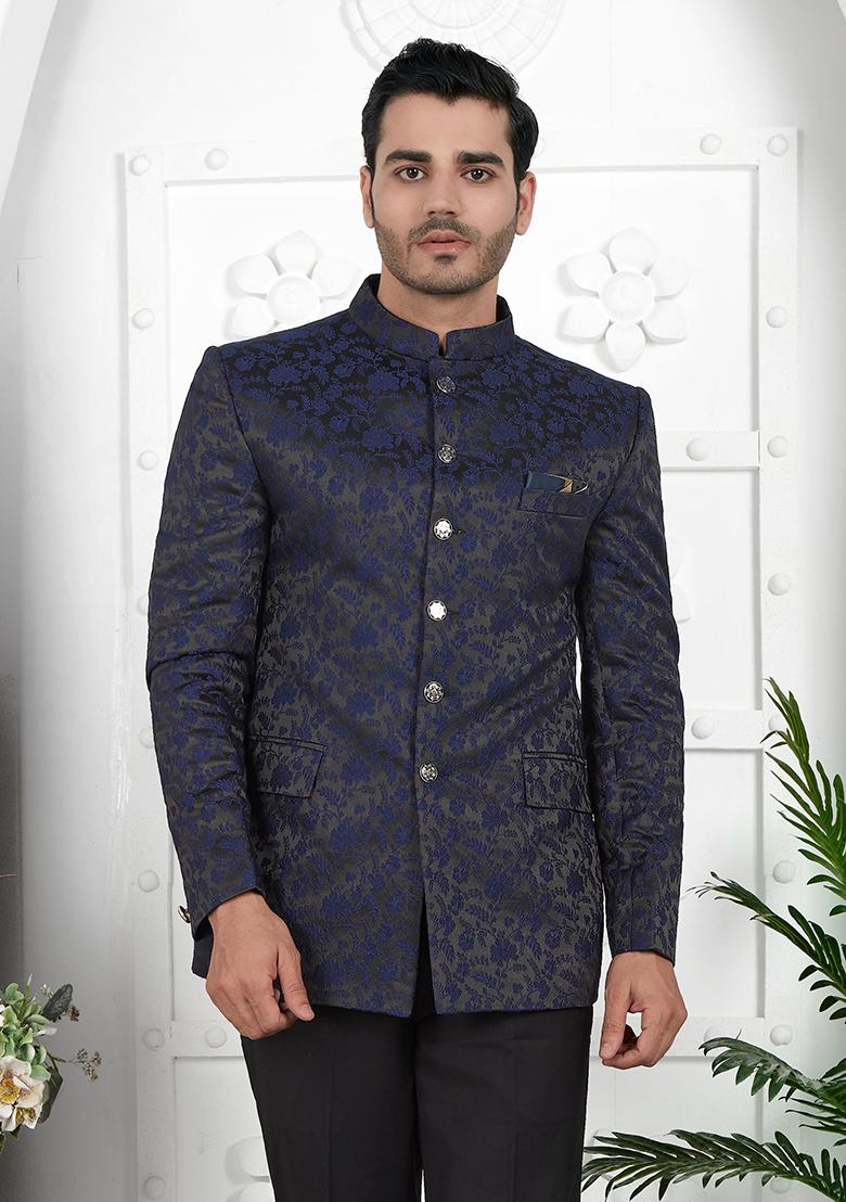 Navy Blue Embroidered Silk Bandhgala For Men