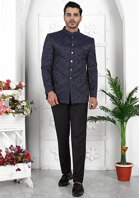 Navy Blue Embroidered Silk Bandhgala For Men