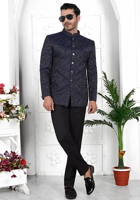 Navy Blue Embroidered Silk Bandhgala For Men