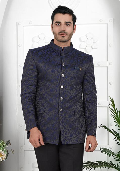 Navy Blue Embroidered Silk Bandhgala For Men