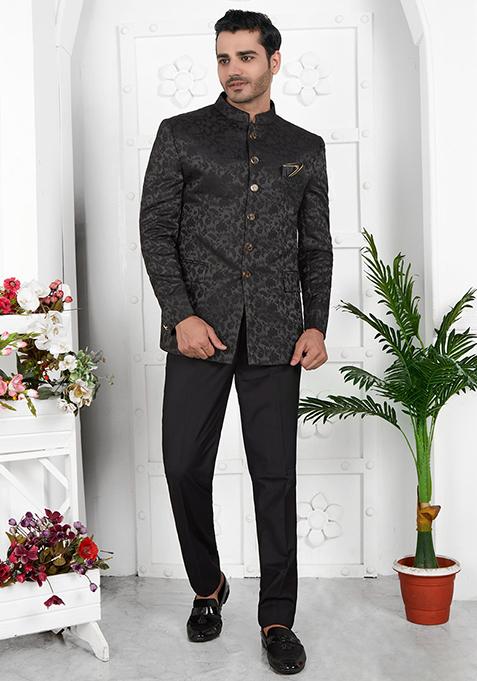 Black Embroidered Silk Bandhgala For Men
