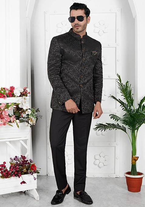 Black Embroidered Silk Bandhgala For Men
