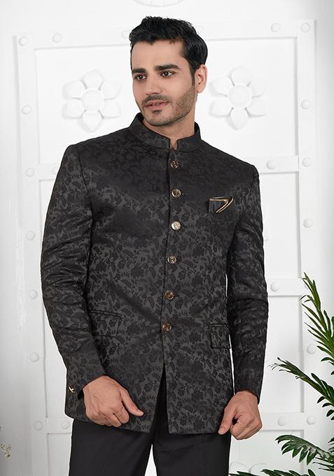 Black Embroidered Silk Bandhgala For Men