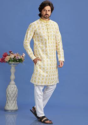 Yellow Printed Cotton Kurta Set For Men