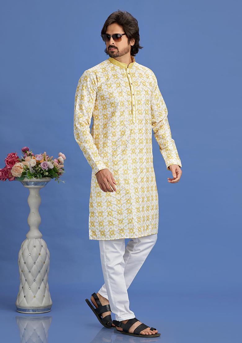 Yellow Printed Cotton Kurta Set For Men