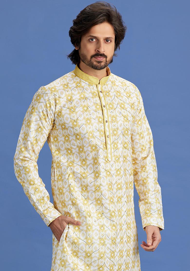 Yellow Printed Cotton Kurta Set For Men