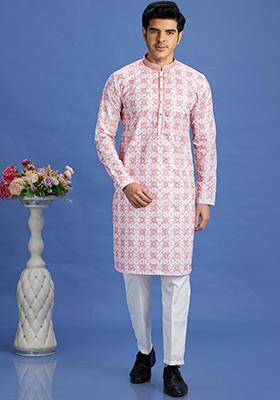Pink Printed Cotton Kurta Set For Men