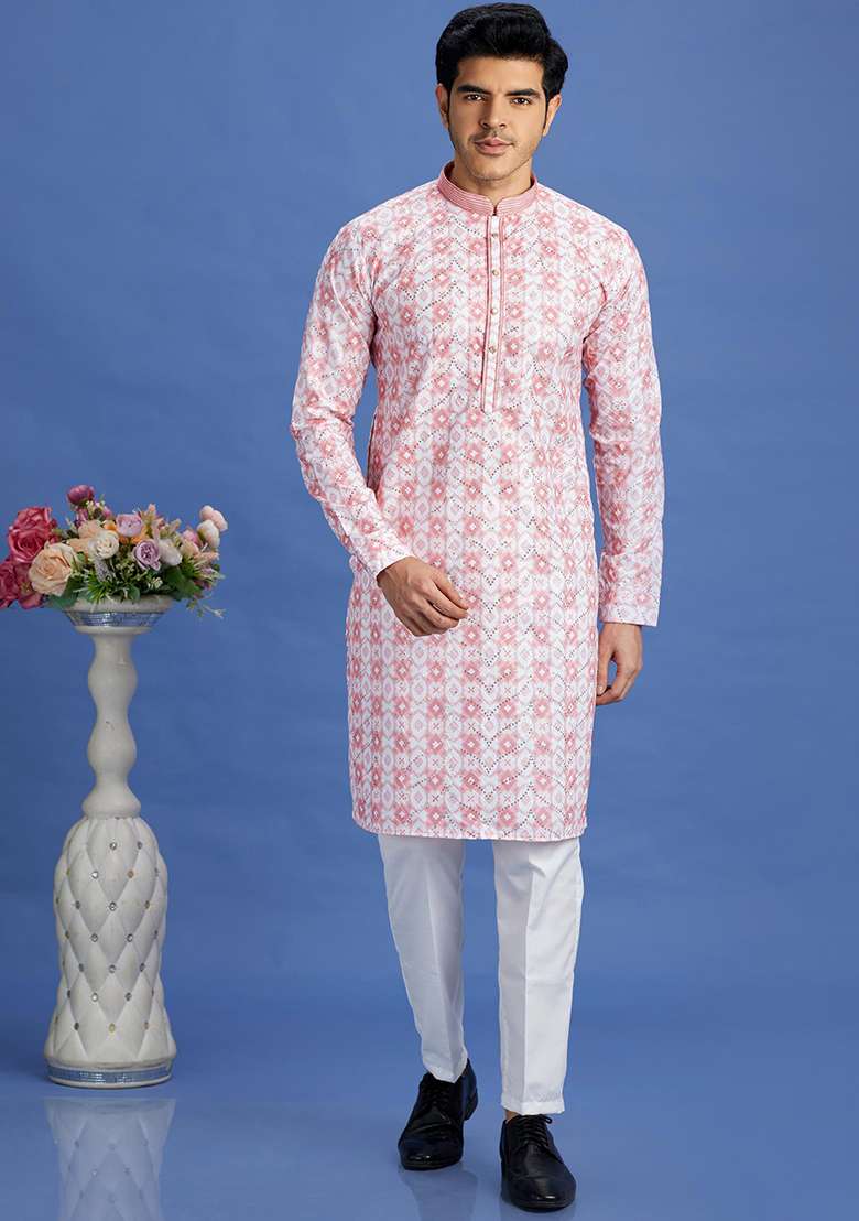 Pink Printed Cotton Kurta Set For Men - Indya