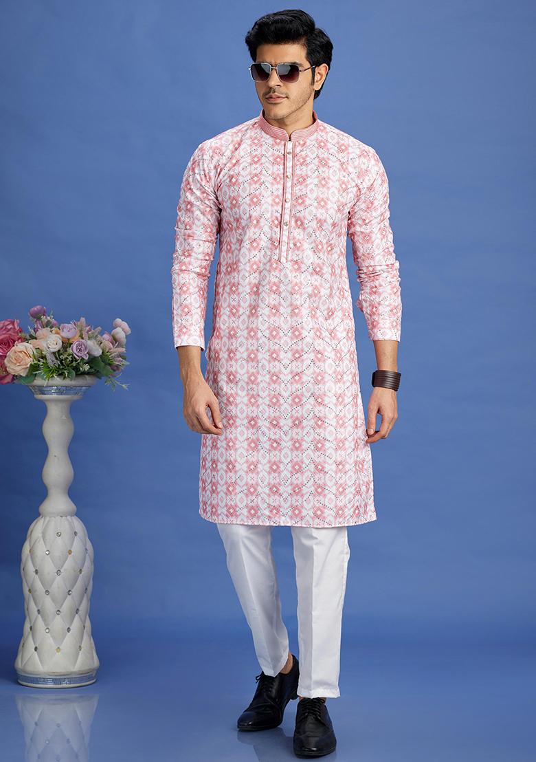 Pink Printed Cotton Kurta Set For Men