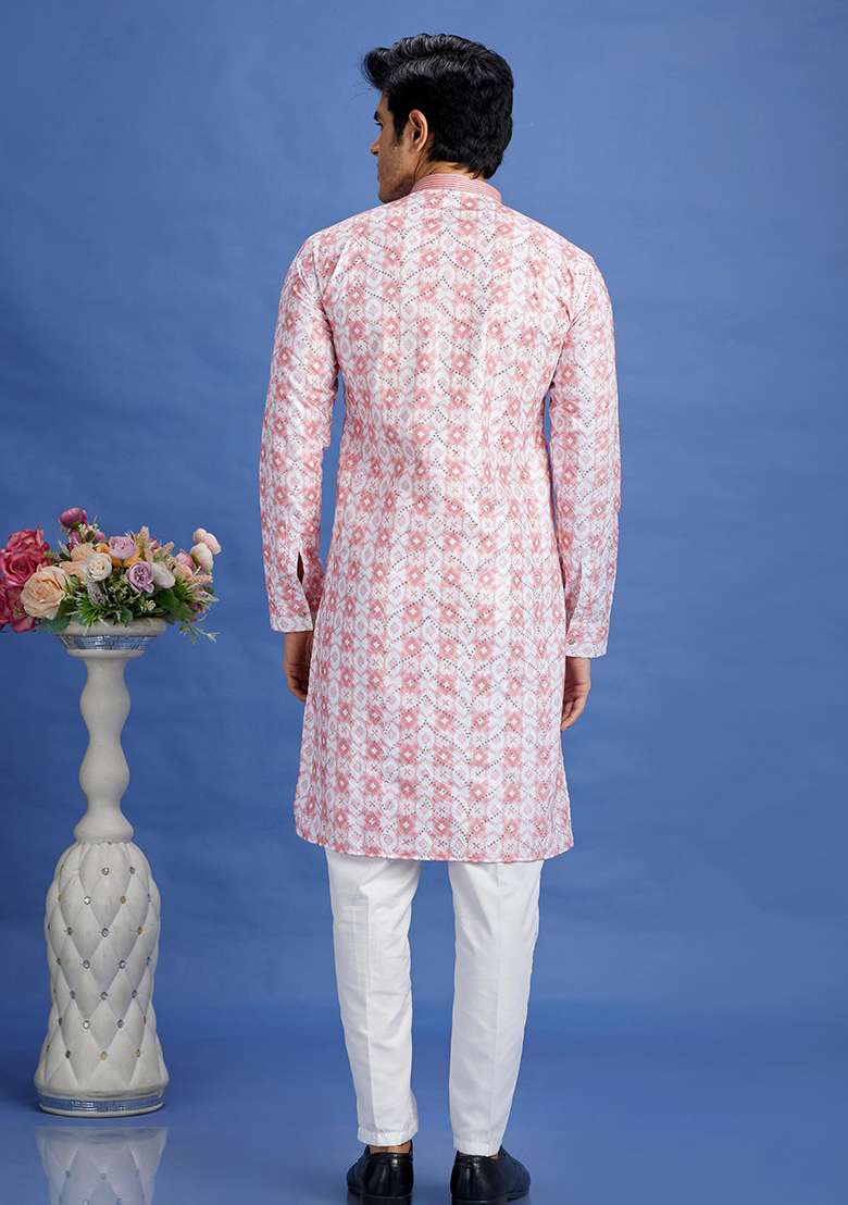 Pink Printed Cotton Kurta Set For Men - Indya