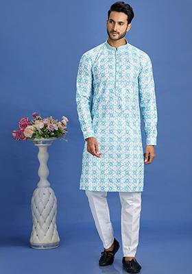 Blue Printed Cotton Kurta Set For Men