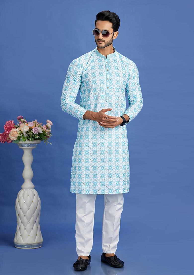 Blue Printed Cotton Kurta Set For Men