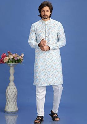 Blue Printed Cotton Kurta Set For Men