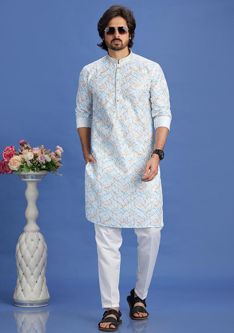 Blue Printed Cotton Kurta Set For Men