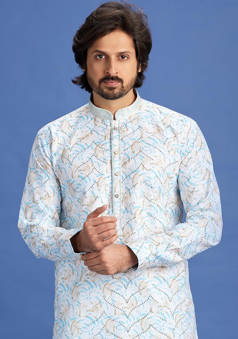 Blue Printed Cotton Kurta Set For Men